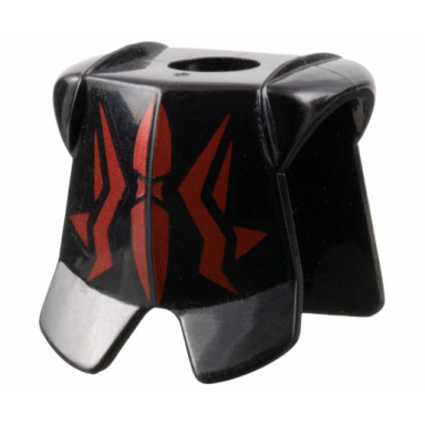 black minifigure armor breastplate with leg protection with metallic red geometric pattern