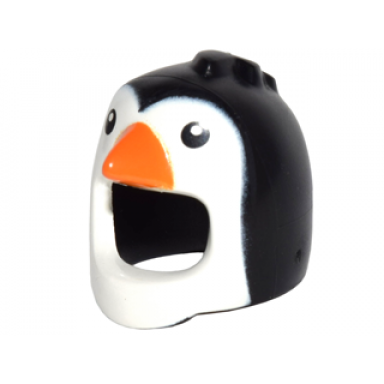 black minifigure headgear head cover costume bird with penguin white face and orange beak pattern