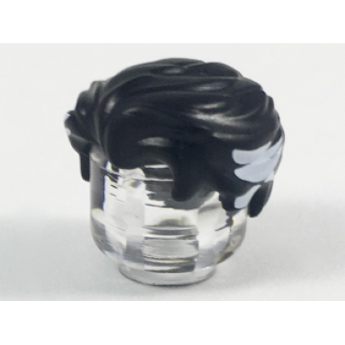 black minifigure hair swept back with slight widows peak and short sideburns and white side streaks pattern