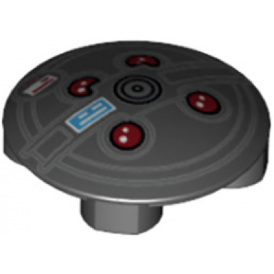black plate round 2 x 2 with rounded bottom boat stud with red lights and dark bluish gray concentric circles proton pack pattern