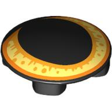 black plate round 2 x 2 with rounded bottom boat stud with cat eye with large pupil and bright light yellow bright light orange and orange iris pattern