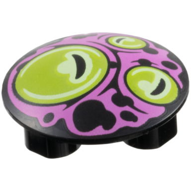 black plate round 2 x 2 with rounded bottom boat stud with 3 lime circles eyes on dark pink background pattern