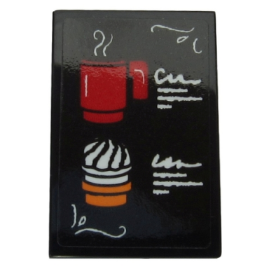black tile 2 x 3 with steaming red cup and cupcake pattern sticker - set 60203