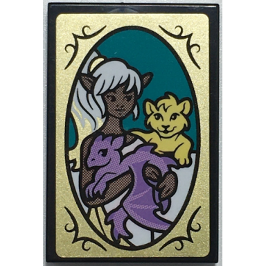 black tile 2 x 3 with female elf baby dragon and lion cub picture in gold oval frame pattern sticker - set 41196