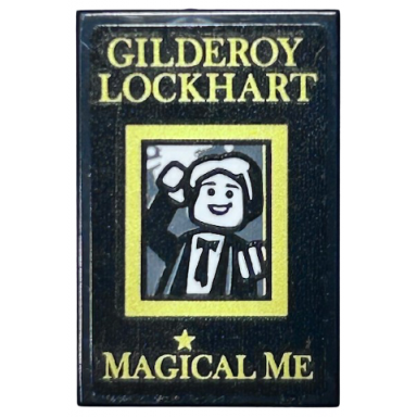 black tile 2 x 3 with gilderoy lockhart minifigure in rectangle and magical me pattern sticker - set 75978