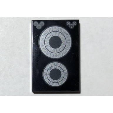 black tile 2 x 3 with silver concentric circles stove plate pattern