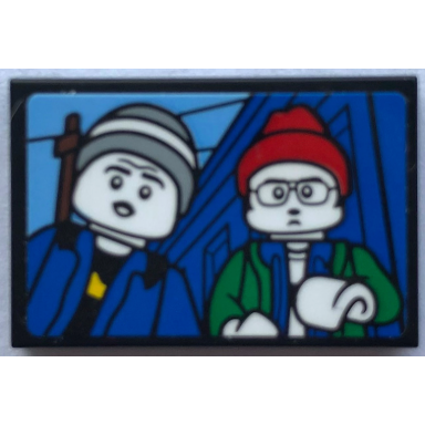 black tile 2 x 3 with 2 minifigures with light bluish gray and red hats blue and green jackets pattern sticker - set 21336