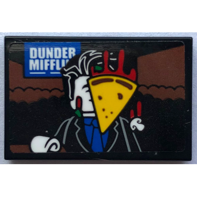 black tile 2 x 3 with pizza slice on screen with minifigure and dunder mifflin pattern sticker - set 21336