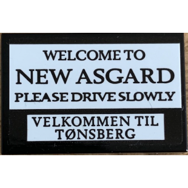 black tile 2 x 3 with welcome to new asgard please drive slowly and velkommen til tãnsberg pattern sticker - set 76200