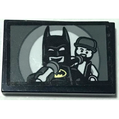 black tile 2 x 3 with batman and singer minifigures holding microphones pattern sticker - set 70922