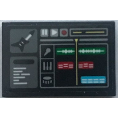 black tile 2 x 3 with music recording screen electric guitar microphone keyboard drum sound equalizer bars pause play and record buttons pattern sticker - set 70922