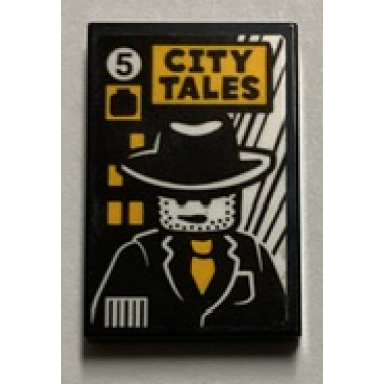 black tile 2 x 3 with city tales comic book with detective minifigure pattern sticker - set 60380