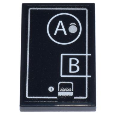 black tile 2 x 3 with panel with silver border button keyhole and coin return and white circle rectangle and letters a and b pattern sticker - set 21347
