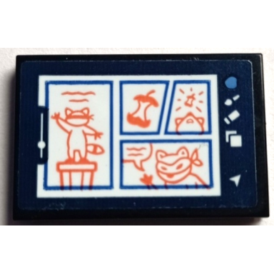 black tile 2 x 3 with tablet computer screen with icons mouse cursor and drawing of comic with raccoon and apple pattern sticker - set 41739