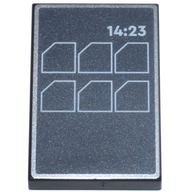black tile 2 x 3 with console with silver border white menu icons and 14:23 on dark silver background pattern
