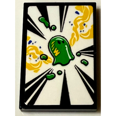 black tile 2 x 3 with bright green z-blob with yellow swirls and white stripes pattern sticker - set 71461