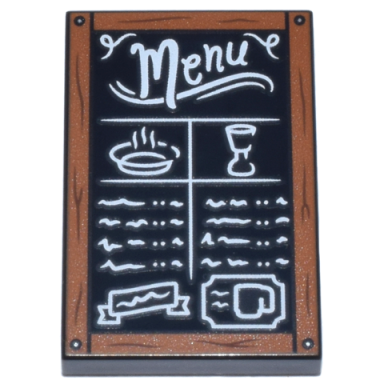 black tile 2 x 3 with chalk board with dark orange frame with wood grain and nails white menu food items and scribbles pattern