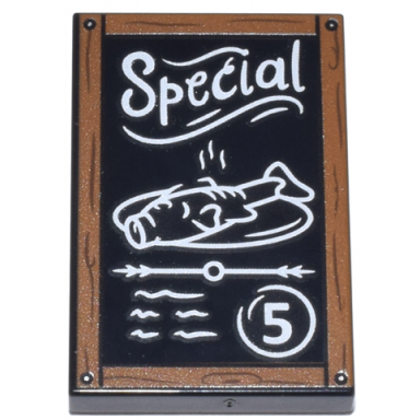 black tile 2 x 3 with chalk board with dark orange frame with wood grain and nails white special fish platter scribbles and number 5 pattern