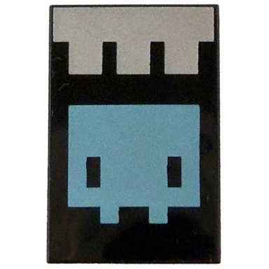 black tile 2 x 3 with pixelated silver banner and metallic light blue minecraft creature pattern