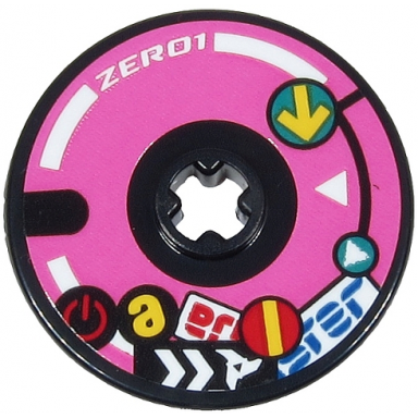 black technic disk 3 x 3 with white zero1 stripes and triangles yellow arrow and stripe and red power button pattern sticker - set 71710
