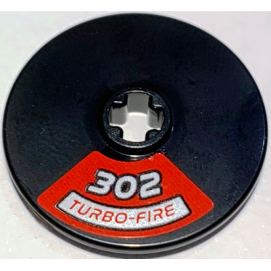 black technic disk 3 x 3 with silver 302 and turbo-fire on red background pattern sticker - set 10304