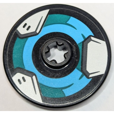 black technic disk 3 x 3 with grappling claw launcher with medium azure and dark turquoise circle dark bluish gray and light bluish gray metal plates pattern sticker - set 75976