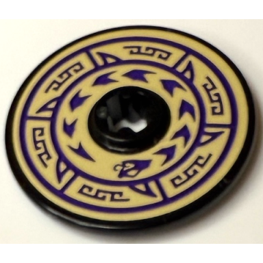 black technic disk 3 x 3 with dark purple circles barbs chevrons snake head and geometric border on tan background pattern sticker - set 71736