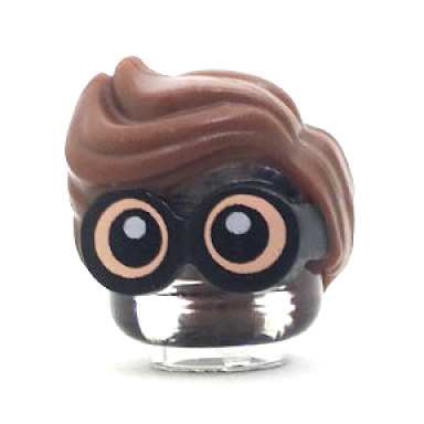 black minifigure hair combo large thick glasses with reddish brown hair parted and wavy with light nougat skin and white pupils pattern