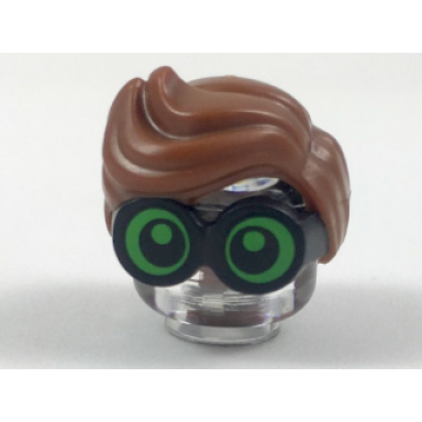 black minifigure hair combo large thick glasses with reddish brown hair parted and wavy with bright green lenses pupils looking forward pattern