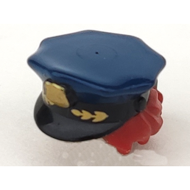 black minifigure hair combo hat with hair police with dark blue top with gold badge and dark red hair pulled into bun pattern