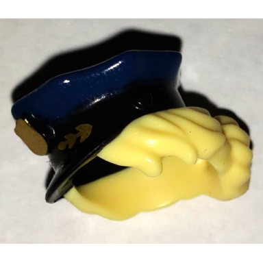 minifigure hair combo hat with hair police with dark blue top with gold badge and bright light yellow hair pulled into bun pattern bam