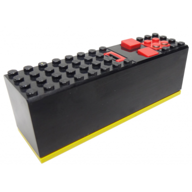 black electric 9v battery box 4 x 14 x 4 with red buttons and contact plate with yellow base 2846 2847c00
