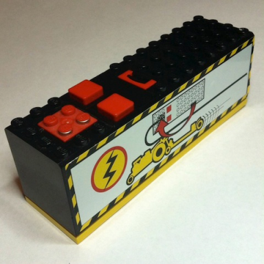 black electric 9v battery box 4 x 14 x 4 with red buttons and contact plate with yellow base with power puller pattern sticker - set 8457