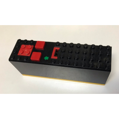 black electric 9v battery box 4 x 14 x 4 with red buttons and contact plate with yellow base with green arrow pattern sticker - set 8082
