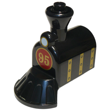 black duplo train steam engine front with cow catcher with white headlight and gold 95 pattern