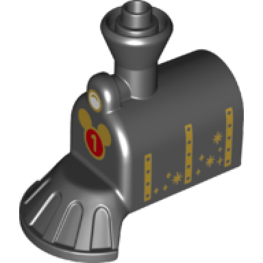 black duplo train steam engine front with cow catcher with white headlight and gold number 1 on mouse head pattern
