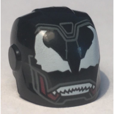 black minifigure headgear helmet armor plates and ear protectors with black faceplate white alien eyes and white sharp teeth pattern