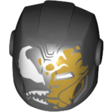 black minifigure headgear helmet armor plates and ear protectors with black and gold faceplate white alien eyes and white sharp teeth pattern