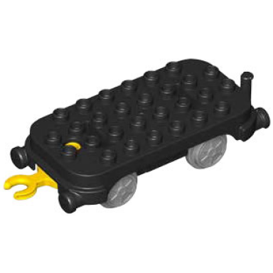 black duplo train base 4 x 8 with rounded corners light bluish gray train wheels and yellow movable hook