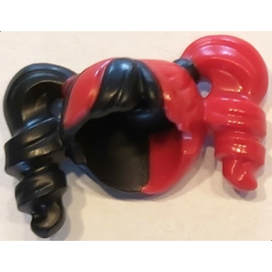 black minifigure hair female pigtails high bouncy hole on top with red hair on left side and red tie on right side pattern