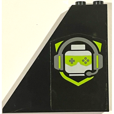 black slope 55 6 x 1 x 5 with bottom stud holders with gaming logo minifigure head with headset and game controller sunglasses pattern model left side sticker - set 60388