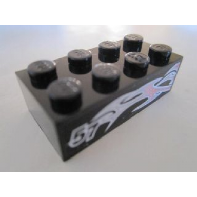 black brick 2 x 4 with silver and pink flames and 57 on black background pattern model right side sticker - set 8495