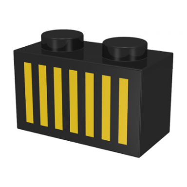 black brick 1 x 2 with yellow grille with 7 vertical lines pattern