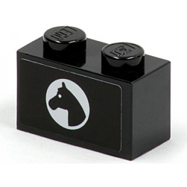 black brick 1 x 2 with horse head in white circle pattern model left side sticker - set 7635