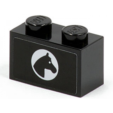 black brick 1 x 2 with horse head in white circle pattern model right side sticker - set 7635