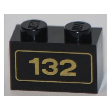 black brick 1 x 2 with gold 132 pattern