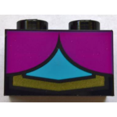 black brick 1 x 2 with 2 magenta quarter ovals medium azure center and gold line pattern brickheadz anna chest