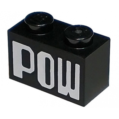 black brick 1 x 2 with white pow pattern