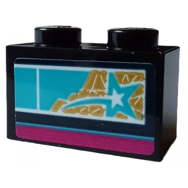 black brick 1 x 2 with medium azure star on gold mosaic pattern pop star tour bus on both sides stickers - set 4002022