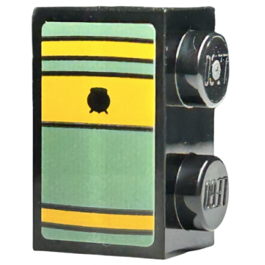 black brick 1 x 2 with book spine bright light orange and sand green stripes black lines and cauldron pattern sticker - set 76411
